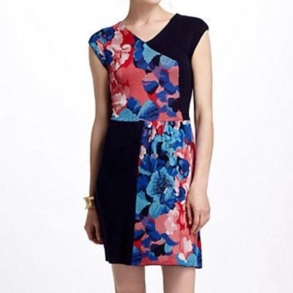 Anthropologie Leifsdottir Dress Small Navy Blue Pink Floral Summer Knit Boho - Picture 1 of 7
